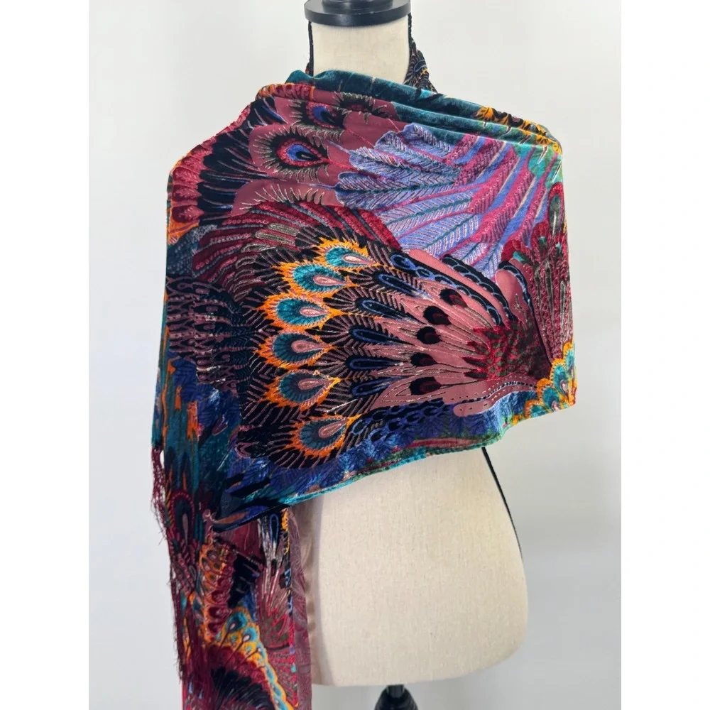 Women Peacock Colorful Vibrant Silk Blend Velvet Burnout Scarf Wrap Shawl Fringe